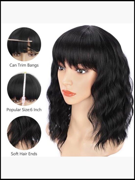 Curly Bob Wig with Bangs Natural Looking Heat Resistant Synthetic Hair for Women main image 4